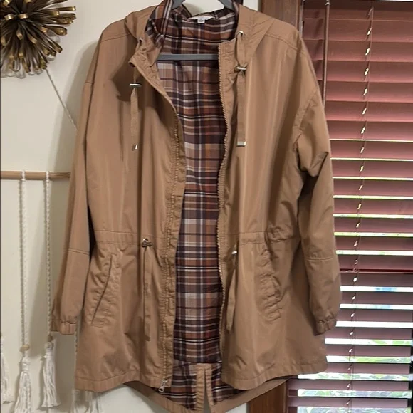 Tan Hooded Jacket with Plaid Lining - Picture 1 of 3